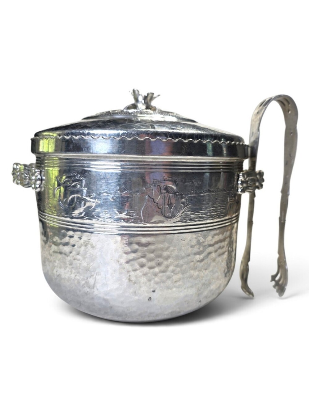 Vintage Forman Family Hammered Aluminum Ice Bucket & Tongs